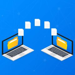 File transfer. laptops with folders on screen and transferred documents. Copy files, data exchange, backup. Vector stock illustration.