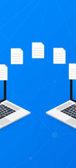 File transfer. laptops with folders on screen and transferred documents. Copy files, data exchange, backup. Vector stock illustration.