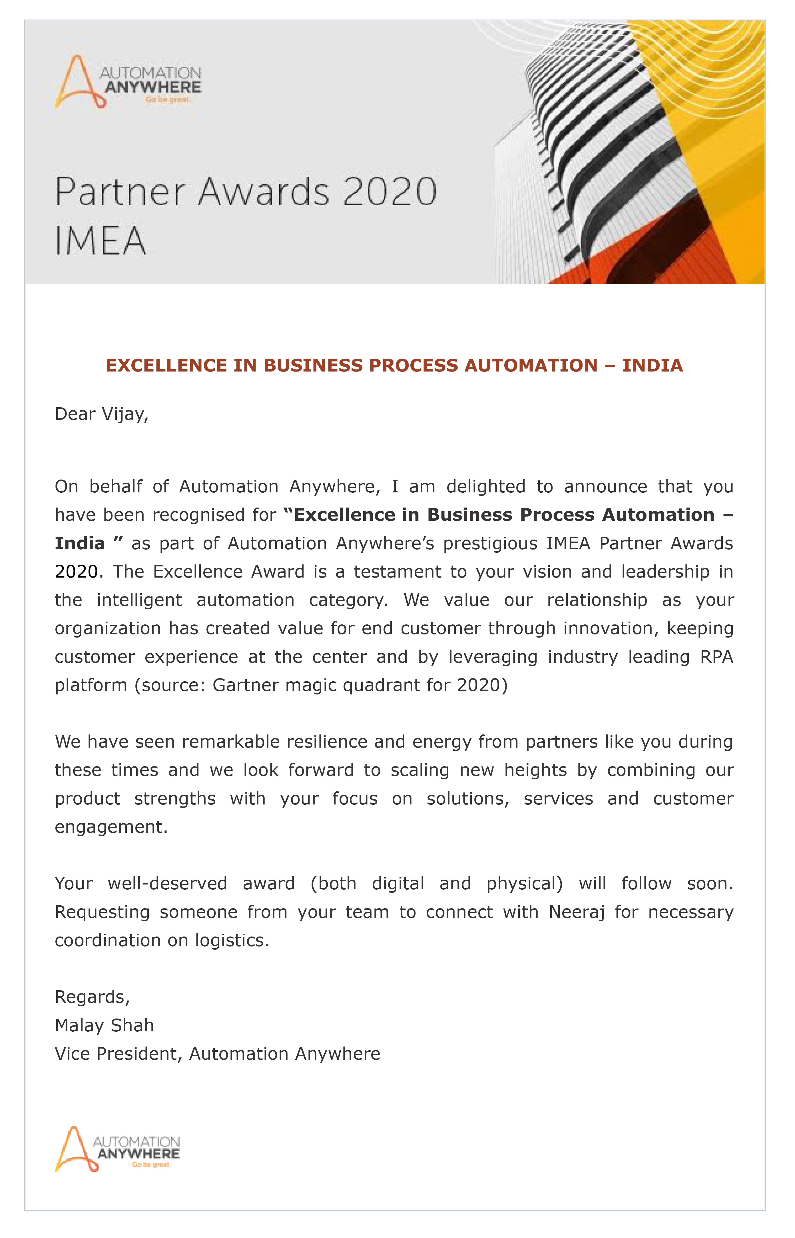 Tangentia | Tangentia is recognized with the highly regarded“Excellence in Business Process Automation – India” award as part of Automation Anywhere’s esteemed IMEA Partner Awards 2020.
