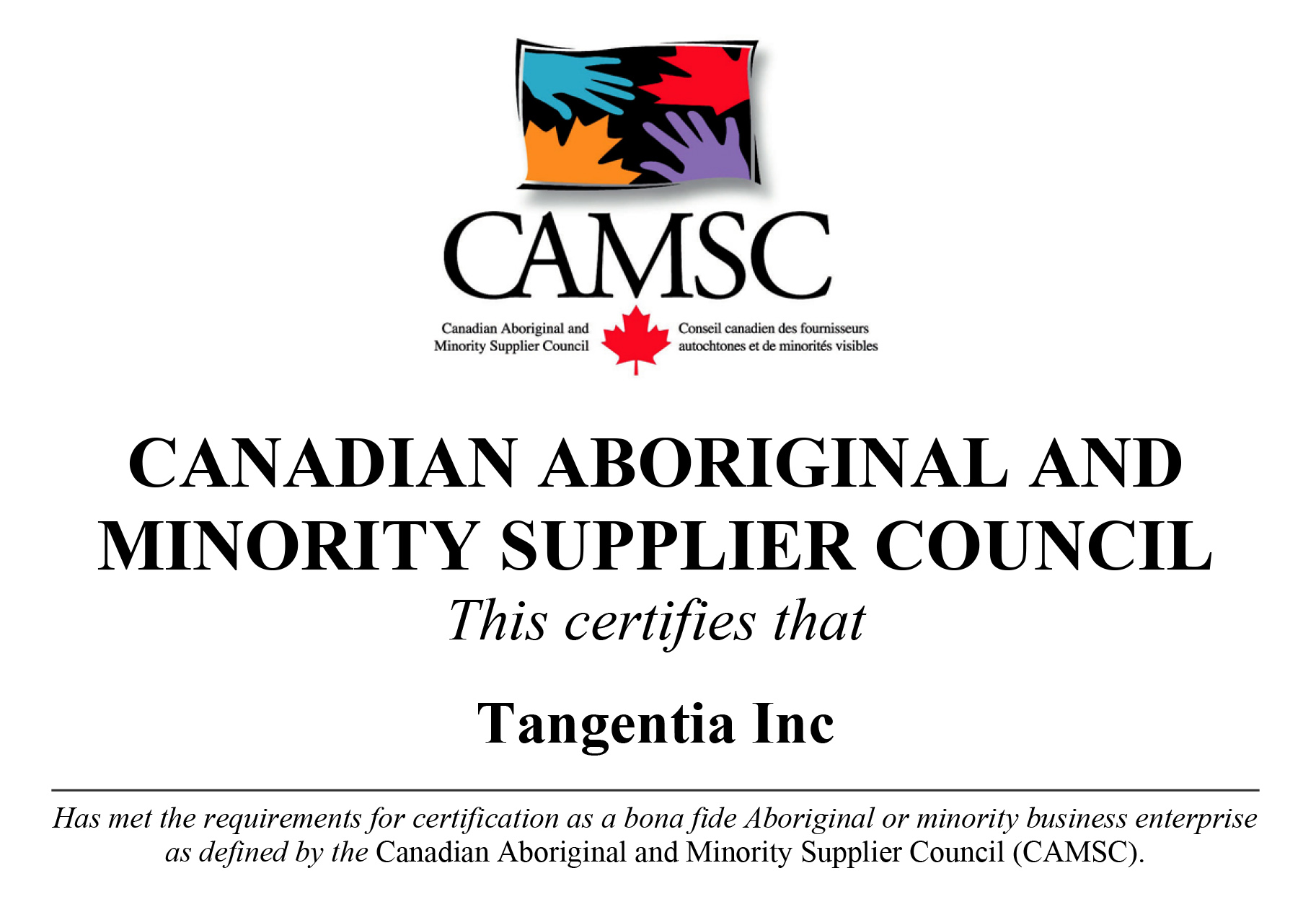 Tangentia is CAMSC certified