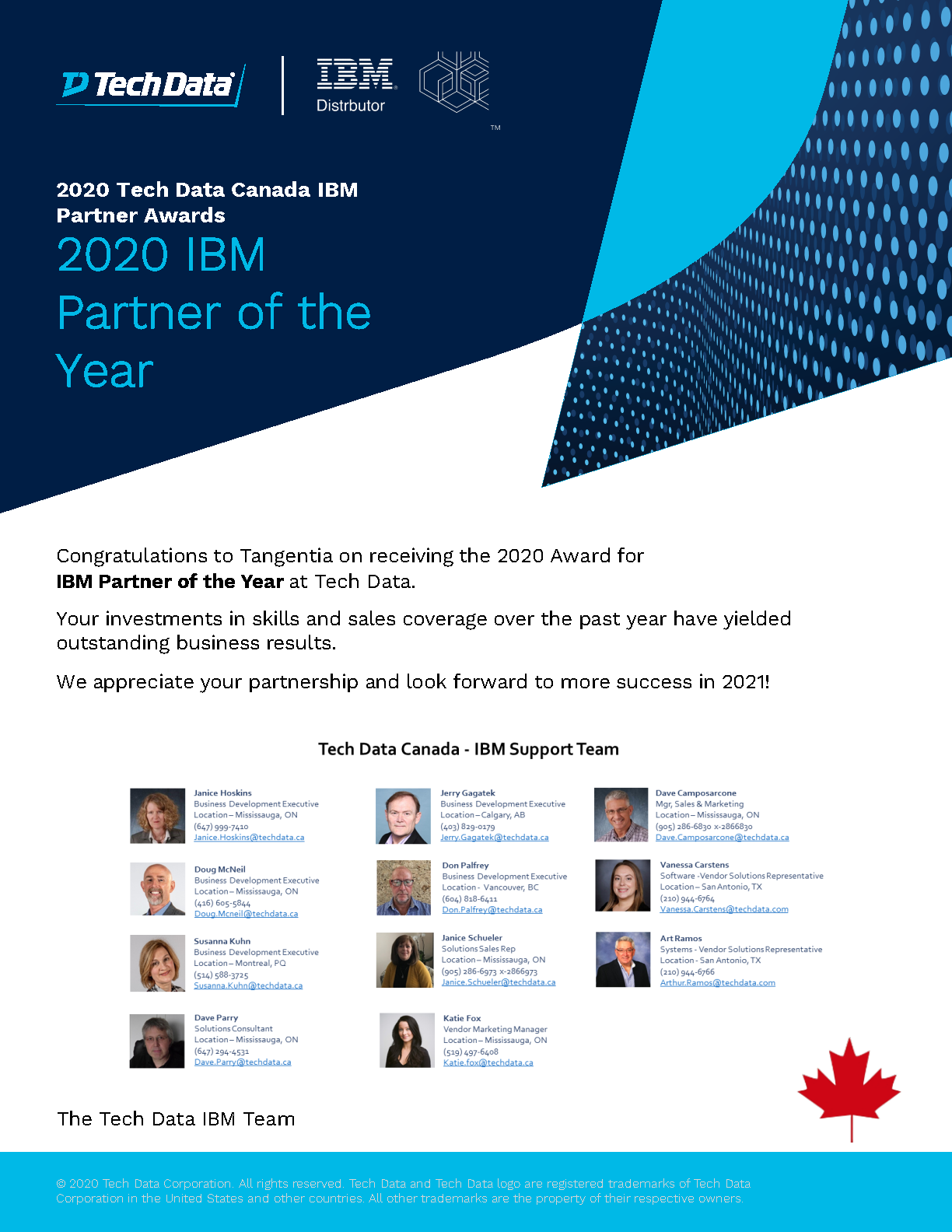 Tangentia | Tangentia is recognized with the highly regarded “2020 IBM Partner of the Year” award as part of the 2020 Tech Data Canada IBM Partner Awards
