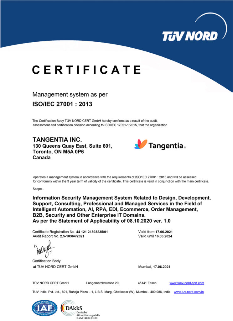 Tangentia | Tangentia is ISO 9001:2015 and ISO/IEC 27001:2013 Certified