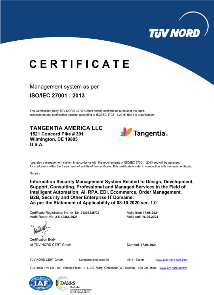 Tangentia | Tangentia is ISO 9001:2015 and ISO/IEC 27001:2013 Certified