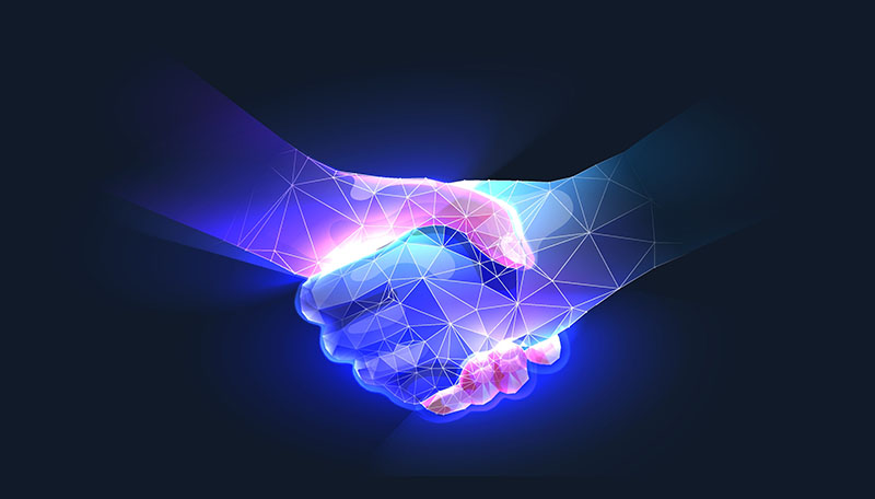 Tangentia | Handshake in digital futuristic style The concept of partnership collaboration or teamwork Vector illustration with light effect and neon
