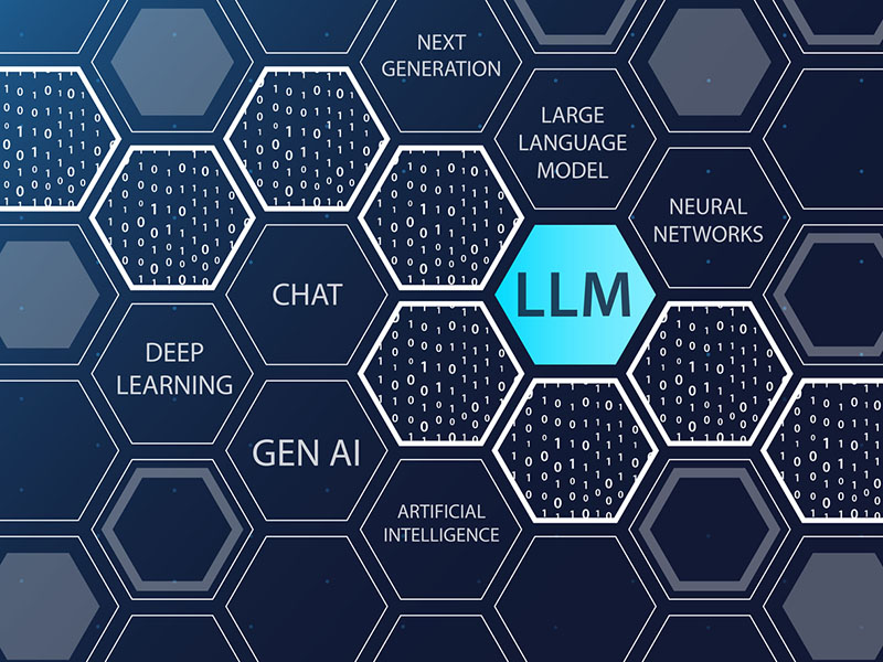 Tangentia | LLM Large Language Model vector illustration on dar blue background with hexagonal shapes and words