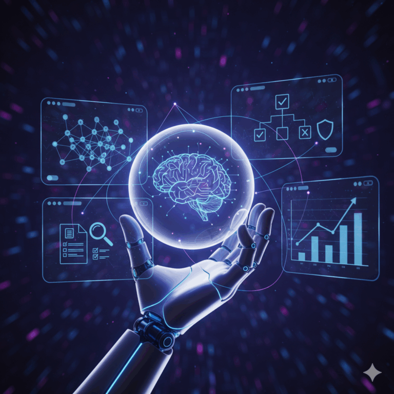 AI robotic hand with holographic brain displaying the AI Automation company solutions by Tangentia