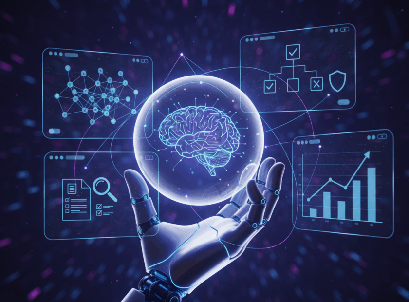 AI robotic hand with holographic brain displaying the AI Automation company solutions by Tangentia