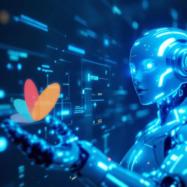 Robot with Tangentia logo. AI Automation Service Provider