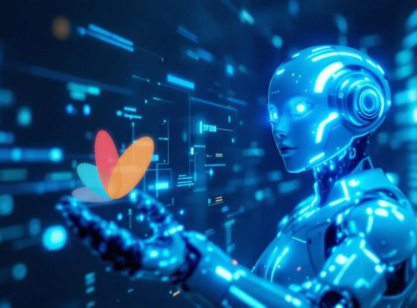 Robot with Tangentia logo. AI Automation Service Provider