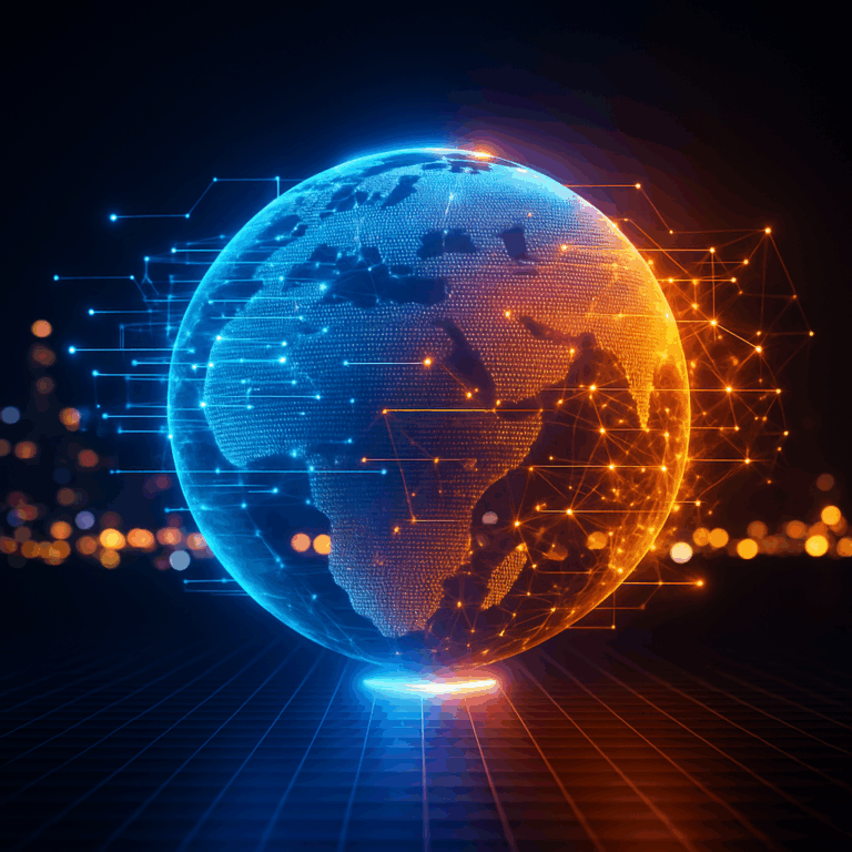 Glowing digital globe showing global AI automation solutions by an AI automation company.