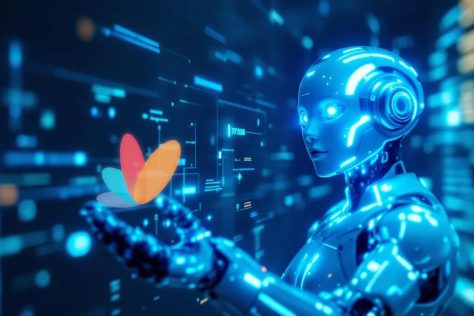 Robot with Tangentia logo. AI Automation Service Provider