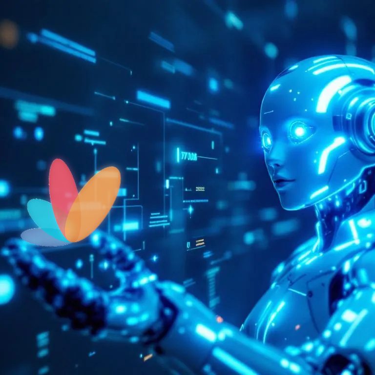 Robot with Tangentia logo. AI Automation Service Provider