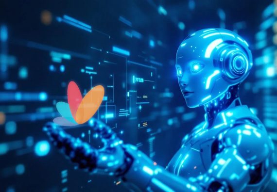 Robot with Tangentia logo. AI Automation Service Provider