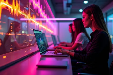 People working on Laptop. AI Automation company- Tangentia