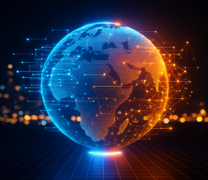 Glowing digital globe showing global AI automation solutions by an AI automation company.