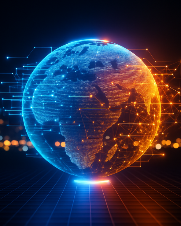 Glowing digital globe showing global AI automation solutions by an AI automation company.