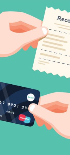 Hand holding receipt and hand holding credit card. Cashless payment concept. Flat design vector illustration isolated on green background. Online pay accounting, electronic notification with receipt