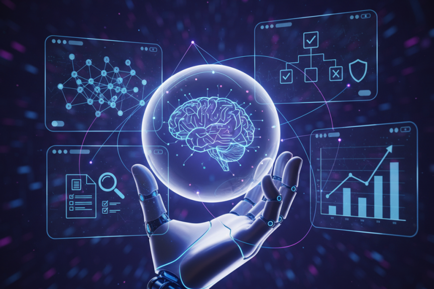 AI robotic hand with holographic brain displaying the AI Automation company solutions by Tangentia