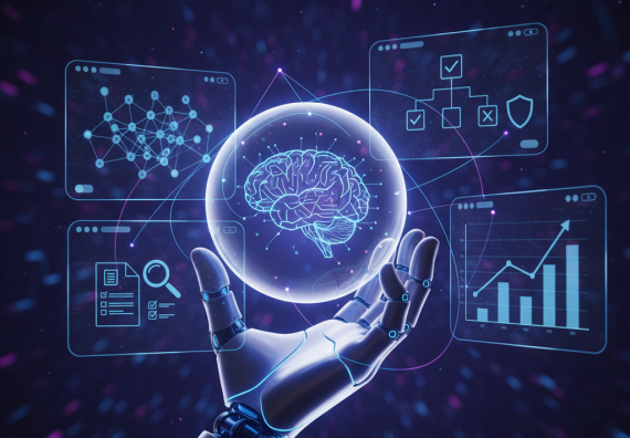 AI robotic hand with holographic brain displaying the AI Automation company solutions by Tangentia