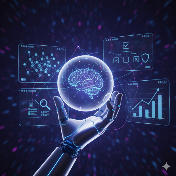 AI robotic hand with holographic brain displaying the AI Automation company solutions by Tangentia