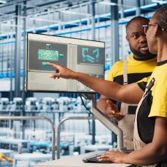 System administrators in smart factory collecting and analyzing data. Coworkers doing brainstorming, using tracking software in industrial plant equipped with advanced sensors, camera A close up