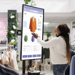Woman buyer selecting clothes on board, using interactive touch screen monitor in clothing store. Young boutique customer buying fashion items from self ordering kiosk service, retail shop.